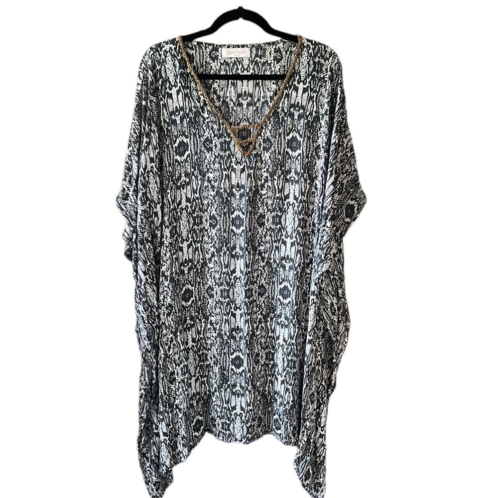 Beachgold Snake Print Beaded Collar Swim Cover Kaftan Mini Dress M/L Gray Cream